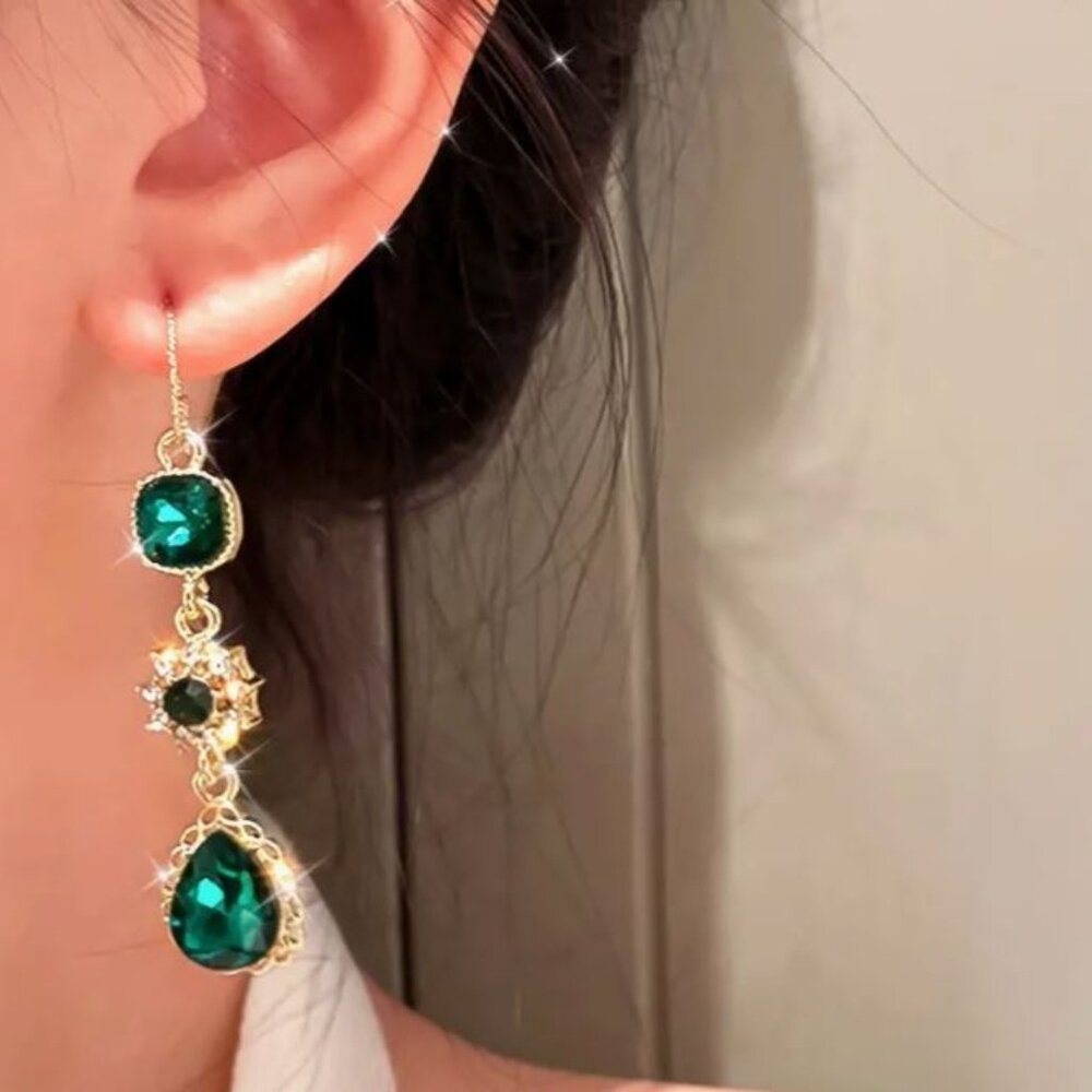NEW French Regency Ornate Emerald Green Gold Drop Earrings